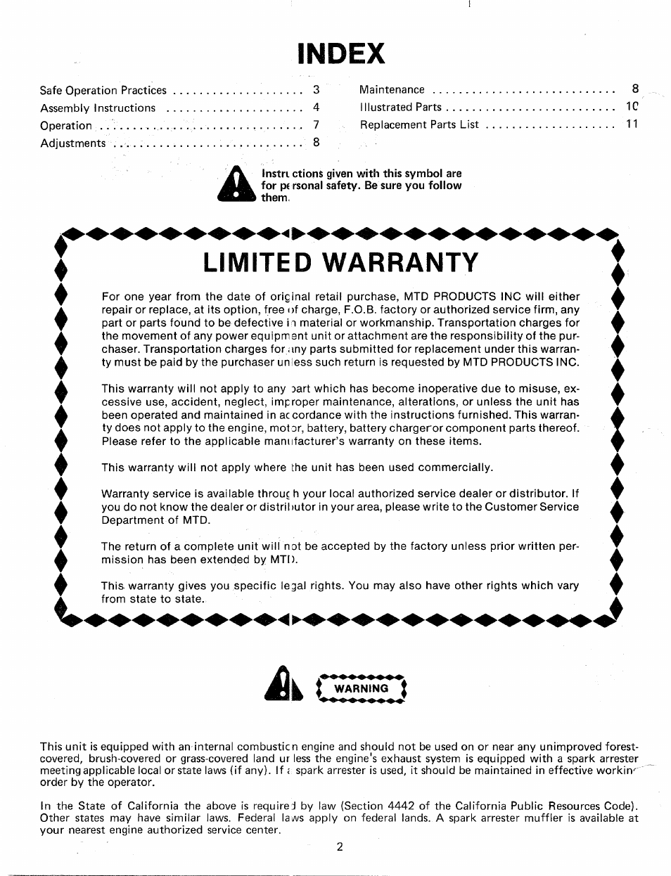 Index, Limited warranty, I warning i | MTD 245-660-000 User Manual | Page 2 / 12