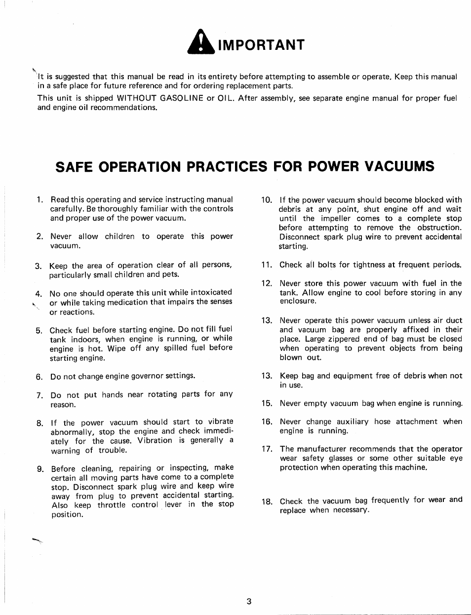 Important, Safe operation practices for power vacuums | MTD 245-660-000 User Manual | Page 3 / 12