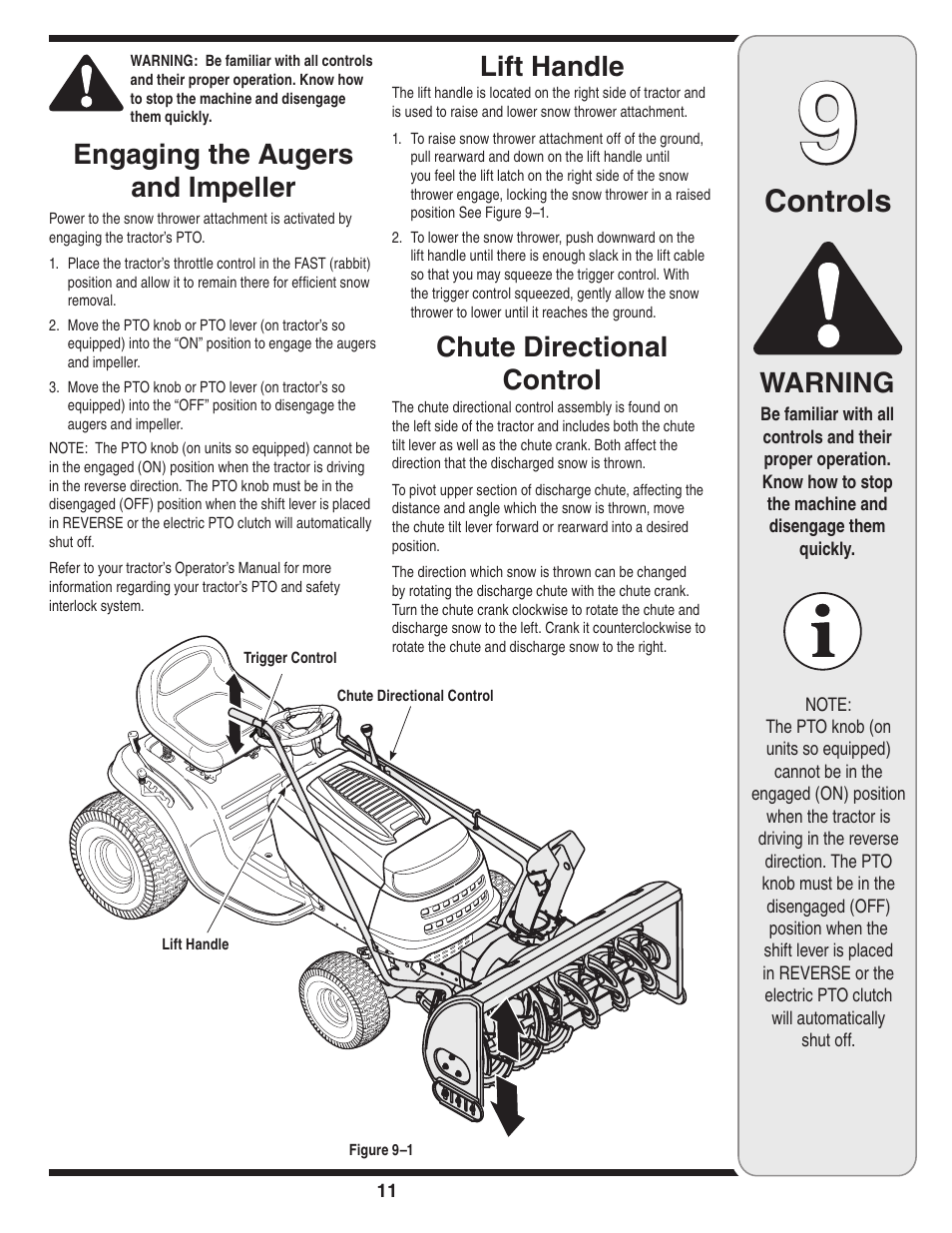 Controls, Engaging the augers and impeller, Lift handle | Chute directional control, Warning | MTD 190-032-101 User Manual | Page 11 / 19