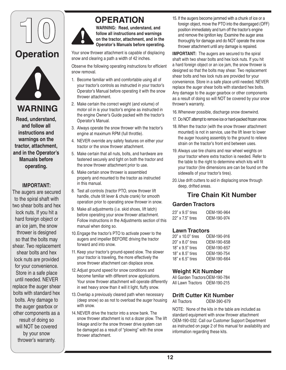 Operation, Warning | MTD 190-032-101 User Manual | Page 12 / 19