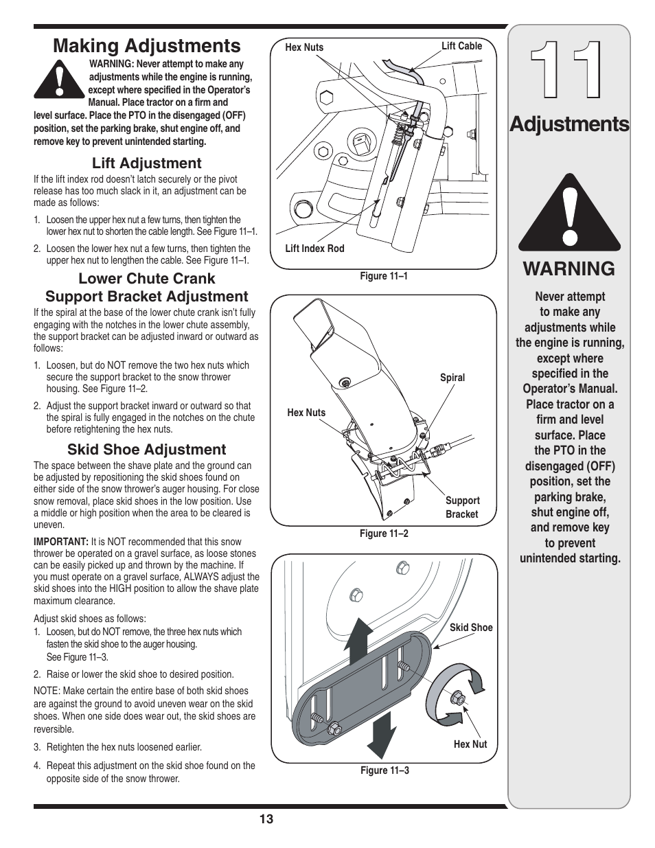 Adjustments, Making adjustments, Warning | MTD 190-032-101 User Manual | Page 13 / 19