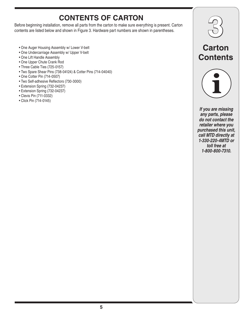 Carton contents | MTD 190-032-101 User Manual | Page 5 / 19