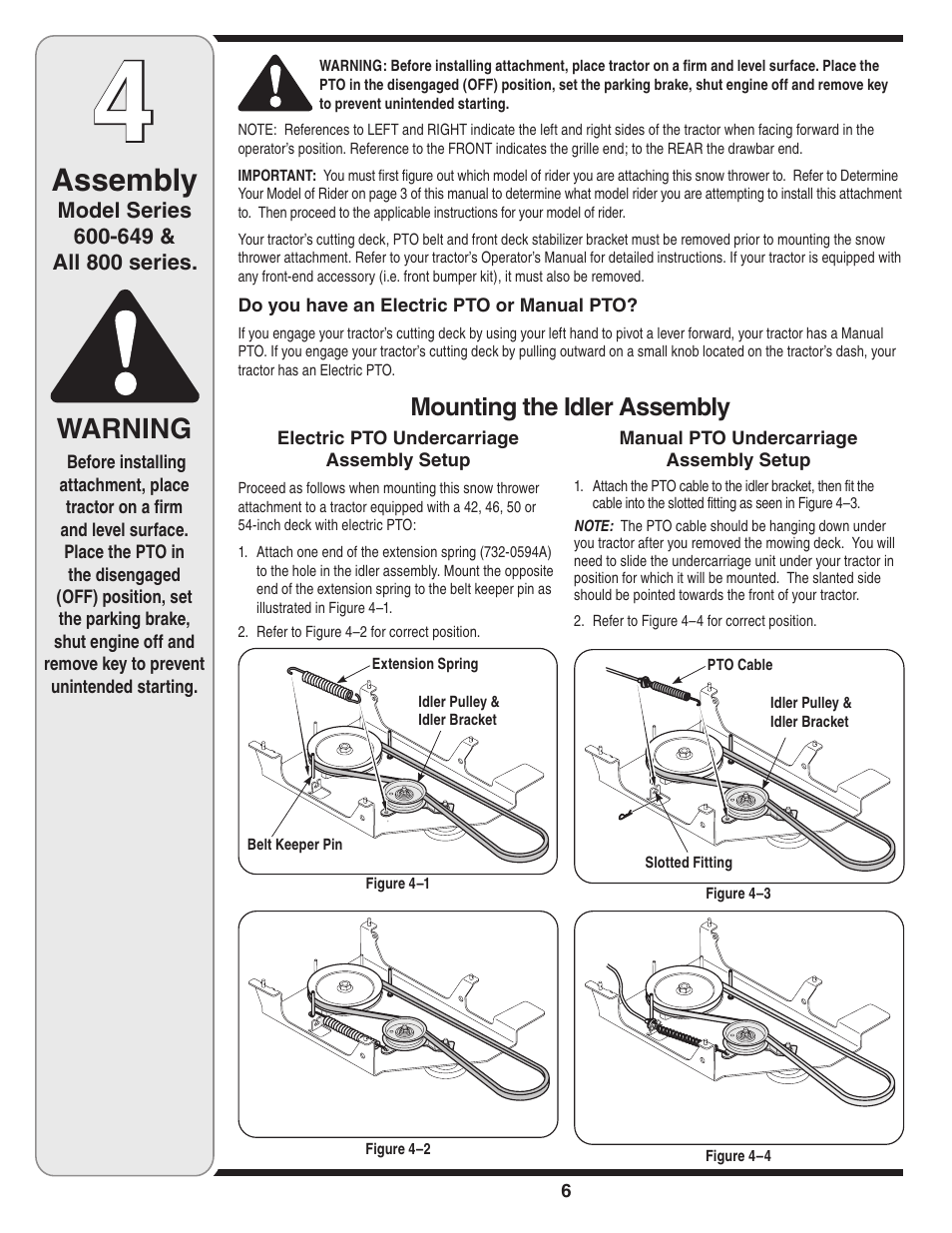 Assembly, Warning, Mounting the idler assembly | MTD 190-032-101 User Manual | Page 6 / 19