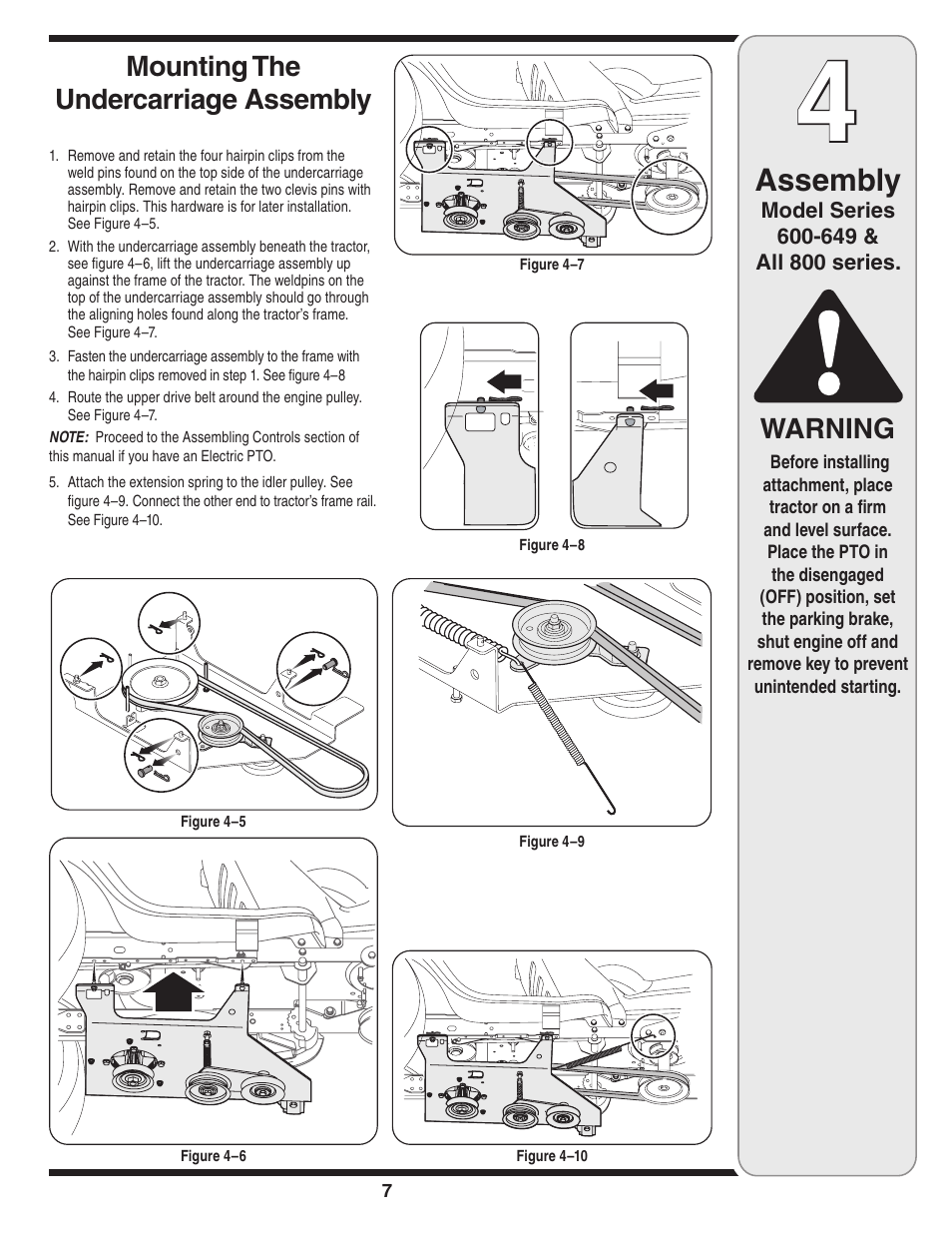 Assembly, Warning mounting the undercarriage assembly | MTD 190-032-101 User Manual | Page 7 / 19