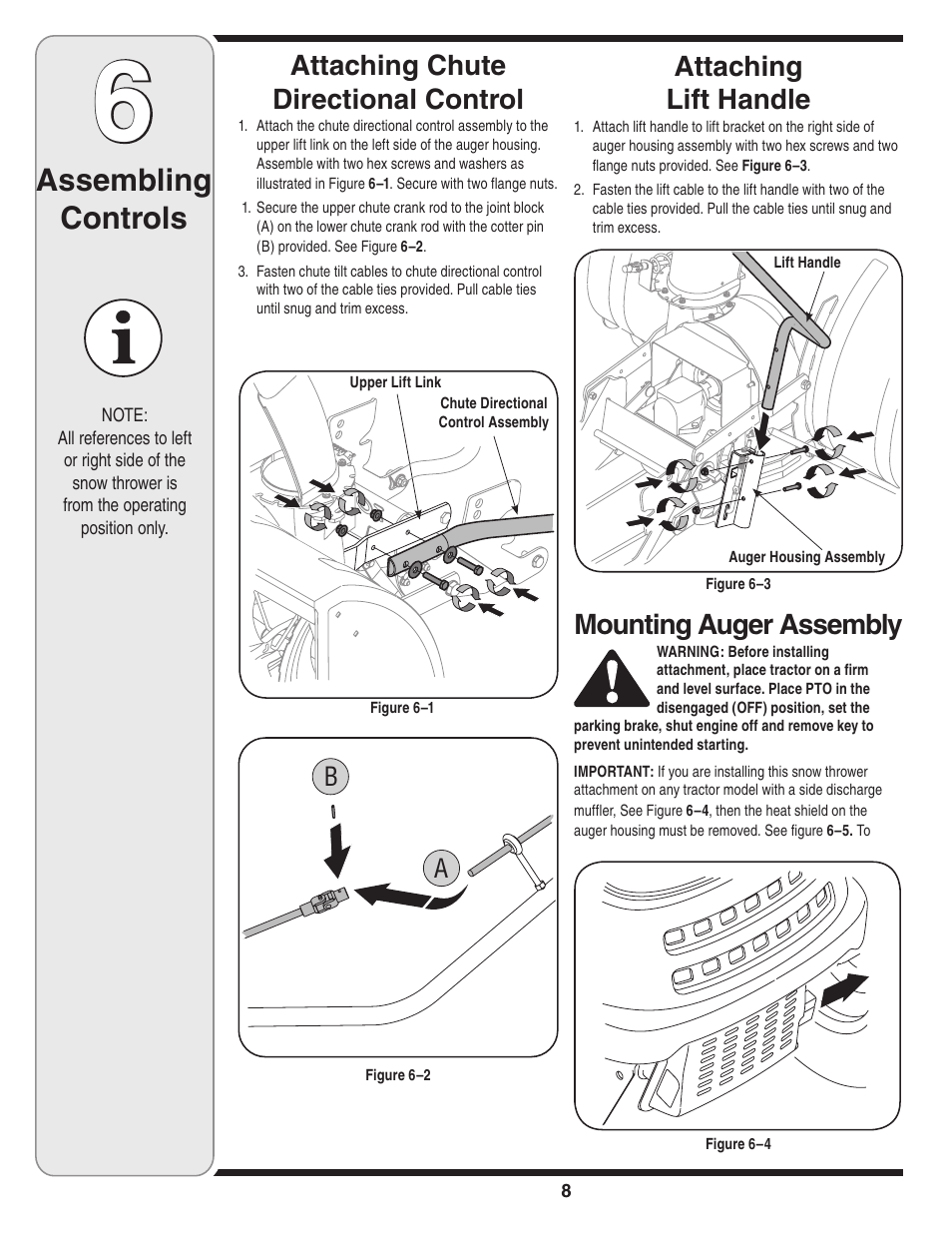 Assembling controls, Mounting auger assembly, Attaching lift handle | Attaching chute directional control | MTD 190-032-101 User Manual | Page 8 / 19