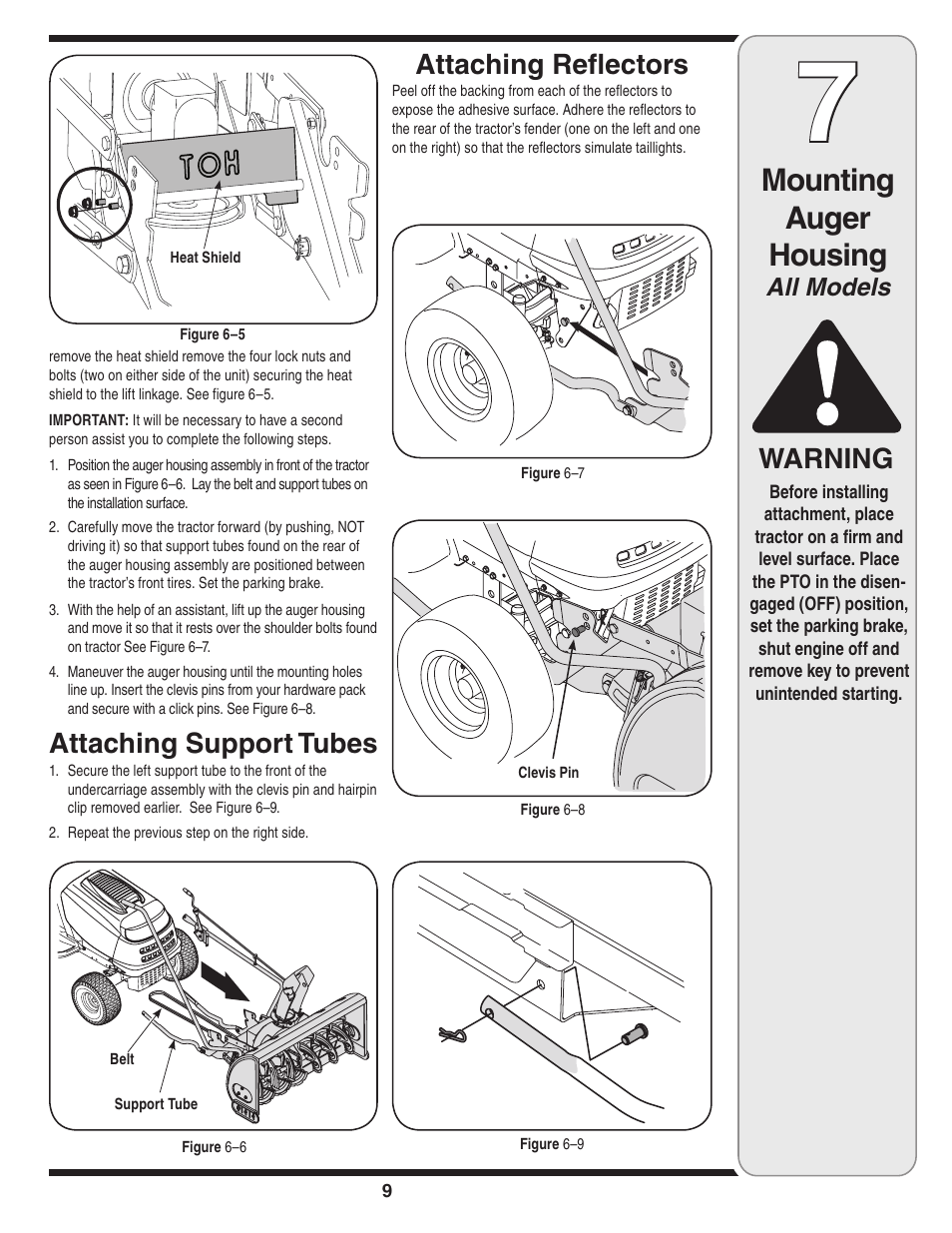 Mounting auger housing, Warning, Attaching reflectors | Attaching support tubes | MTD 190-032-101 User Manual | Page 9 / 19