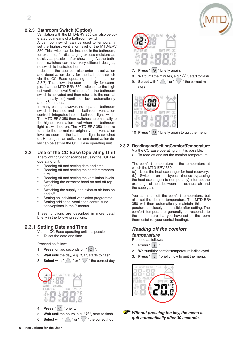 3 use of the cc ease operating unit, 1 setting date and time, Reading off the comfort temperature | MTD -ERV 350 User Manual | Page 10 / 56