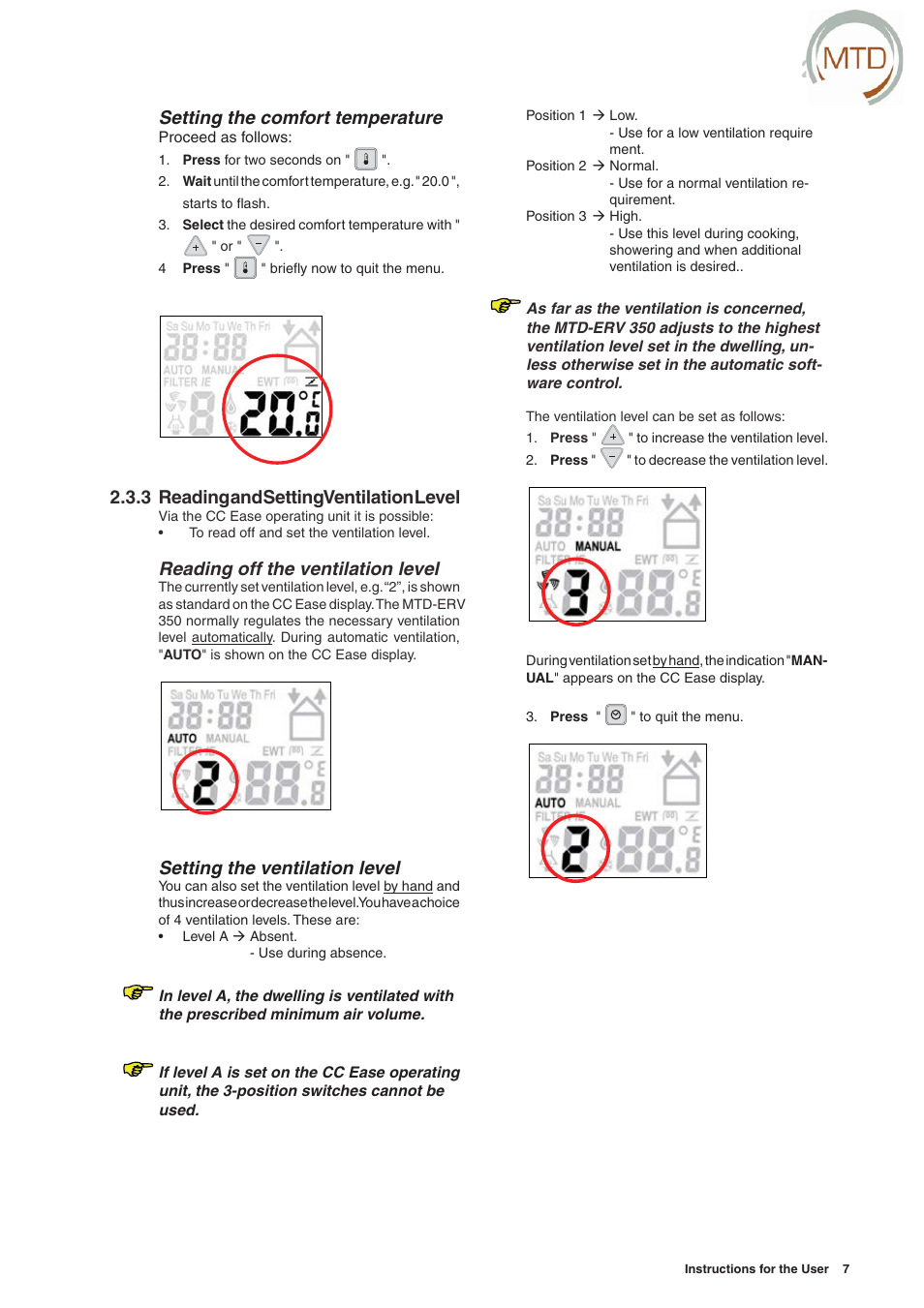 Setting the comfort temperature, Setting the ventilation level, 3 reading and setting ventilation level | Reading off the ventilation level | MTD -ERV 350 User Manual | Page 11 / 56