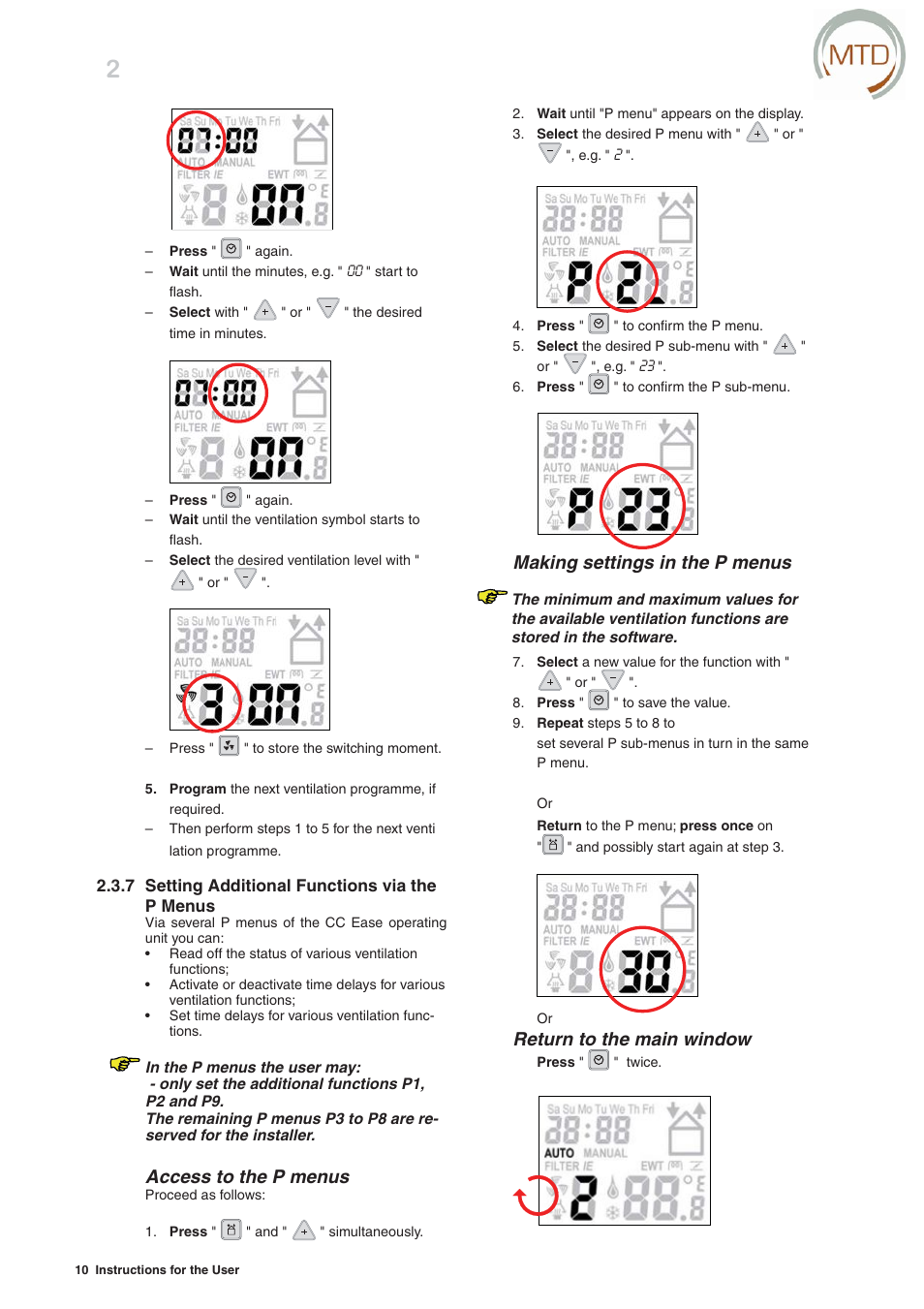 Access to the p menus, Making settings in the p menus, Return to the main window | MTD -ERV 350 User Manual | Page 14 / 56