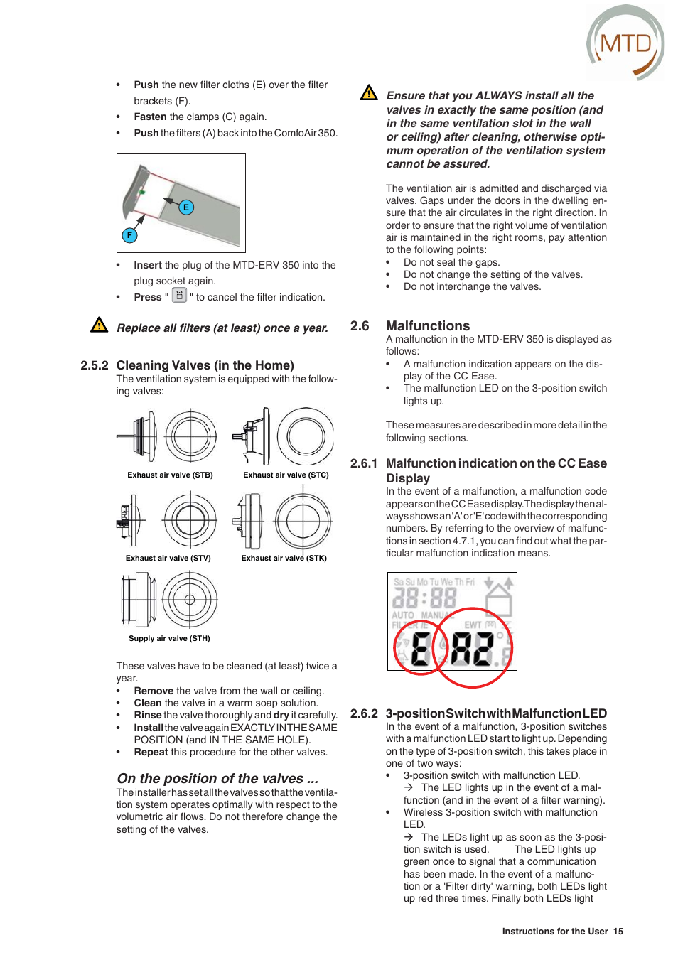 On the position of the valves, 6 malfunctions | MTD -ERV 350 User Manual | Page 19 / 56