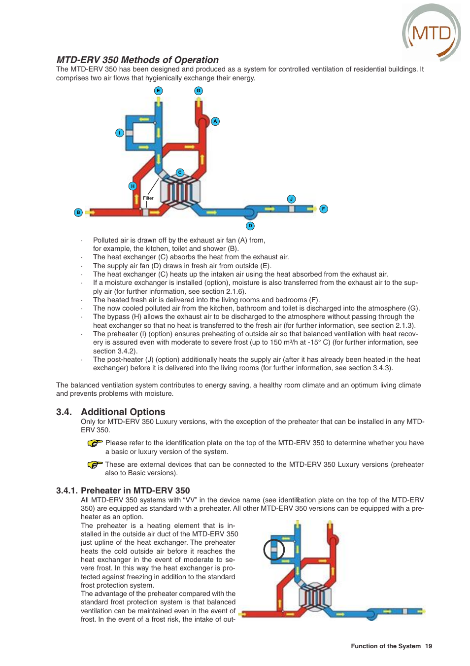 Mtd-erv 350 methods of operation, Additional options, Preheater in mtd-erv 350 | MTD -ERV 350 User Manual | Page 23 / 56