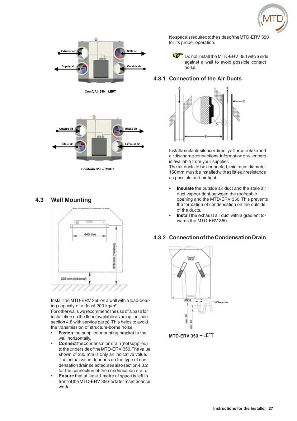 3 wall mounting, 1 connection of the air ducts, 2 connection of the condensation drain | MTD -ERV 350 User Manual | Page 31 / 56