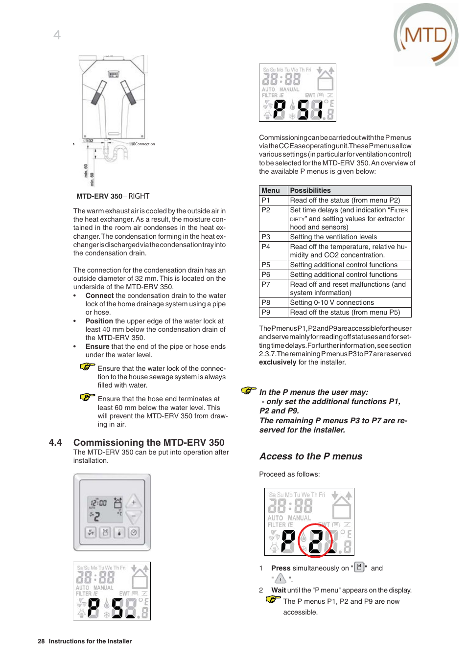 Access to the p menus, 4 commissioning the mtd-erv 350 | MTD -ERV 350 User Manual | Page 32 / 56