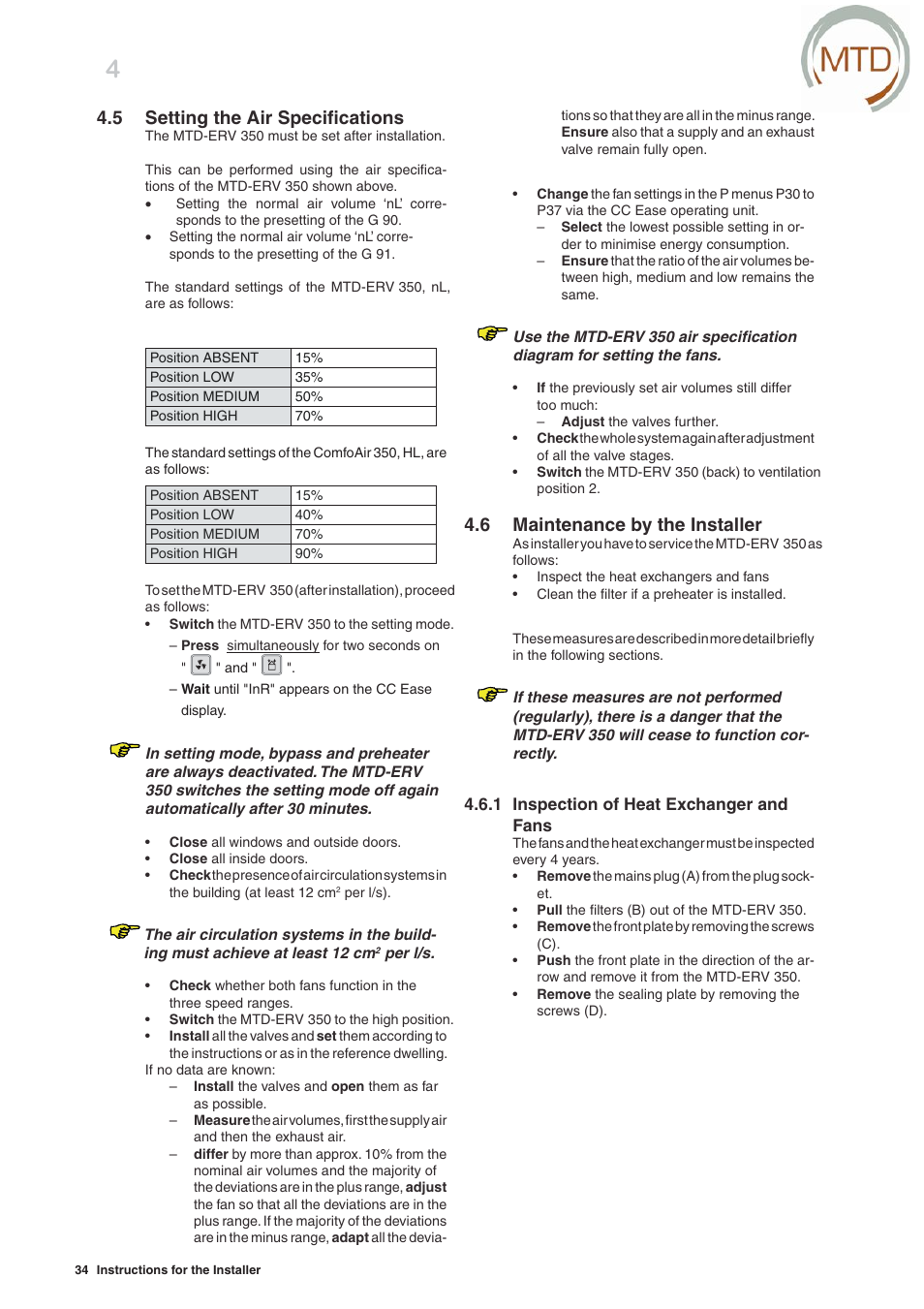 5 setting the air specifi cations, 6 maintenance by the installer | MTD -ERV 350 User Manual | Page 38 / 56