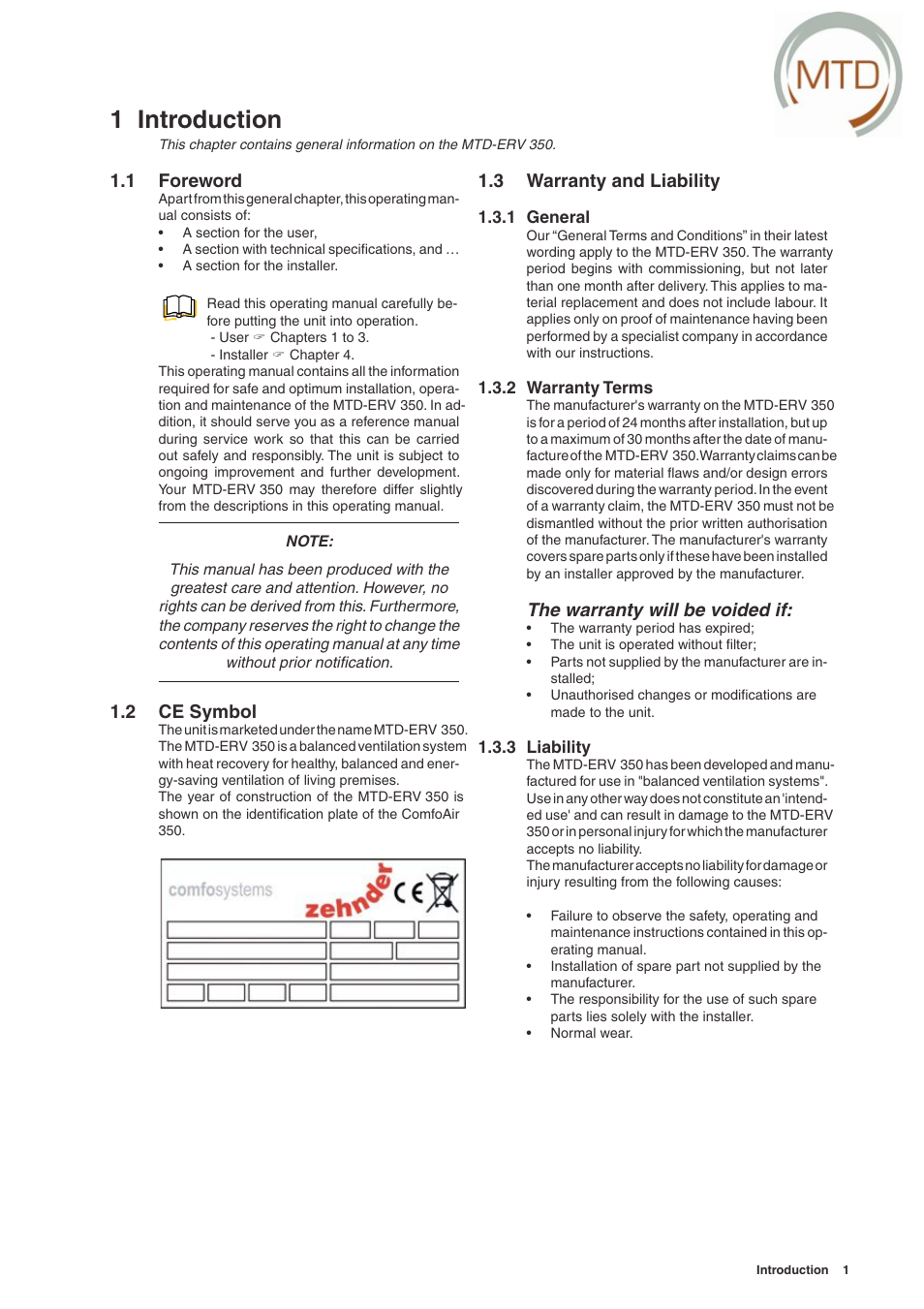 1 introduction, 1 foreword, 2 ce symbol | 3 warranty and liability, The warranty will be voided if | MTD -ERV 350 User Manual | Page 5 / 56