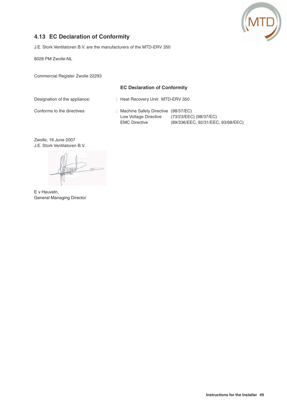 13 ec declaration of conformity | MTD -ERV 350 User Manual | Page 53 / 56