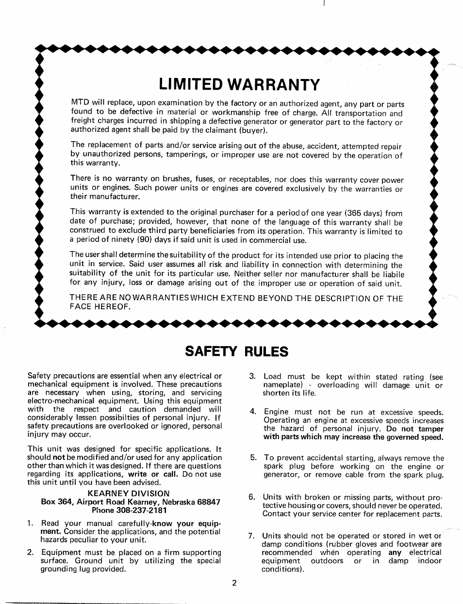 Safety rules, Limited warranty | MTD 243-723A User Manual | Page 2 / 8