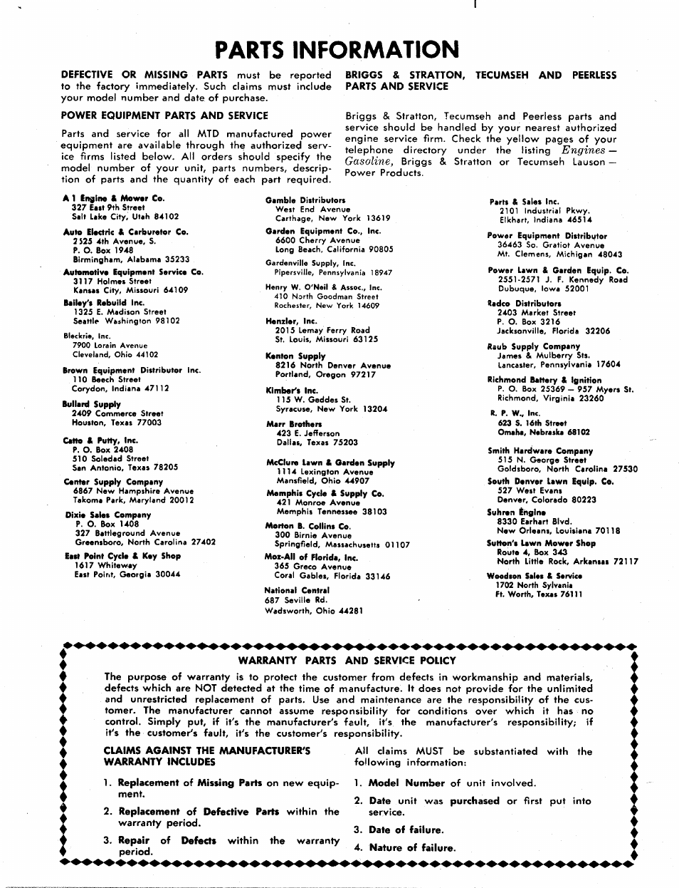 Power equipment parts and service, Warranty parts, And service policy | Date of failure, Nature of failure, Parts information | MTD 215-355AB2 User Manual | Page 14 / 14