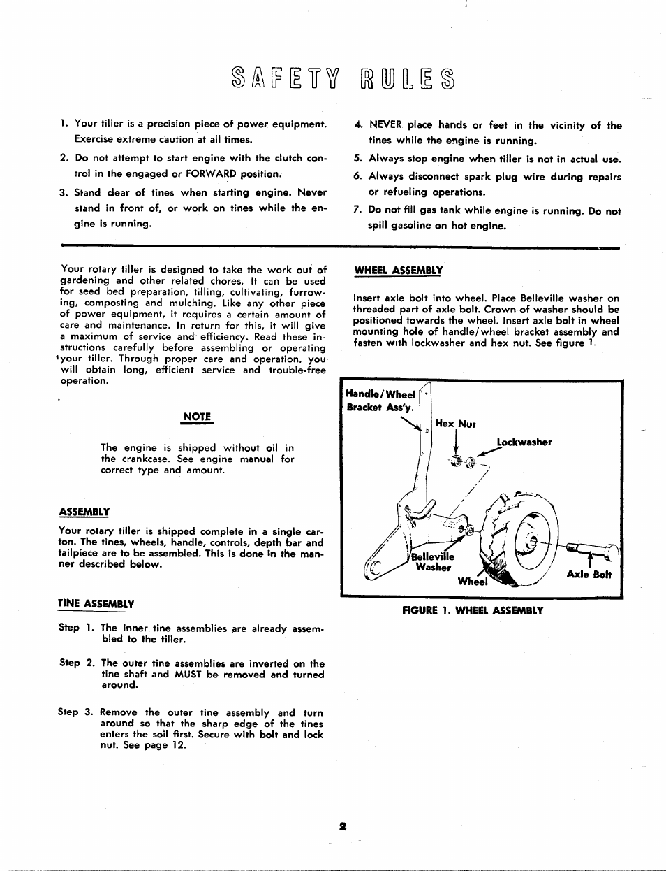 Note, Assembly, Tine assembly | Wheel assembly | MTD 215-355AB2 User Manual | Page 2 / 14