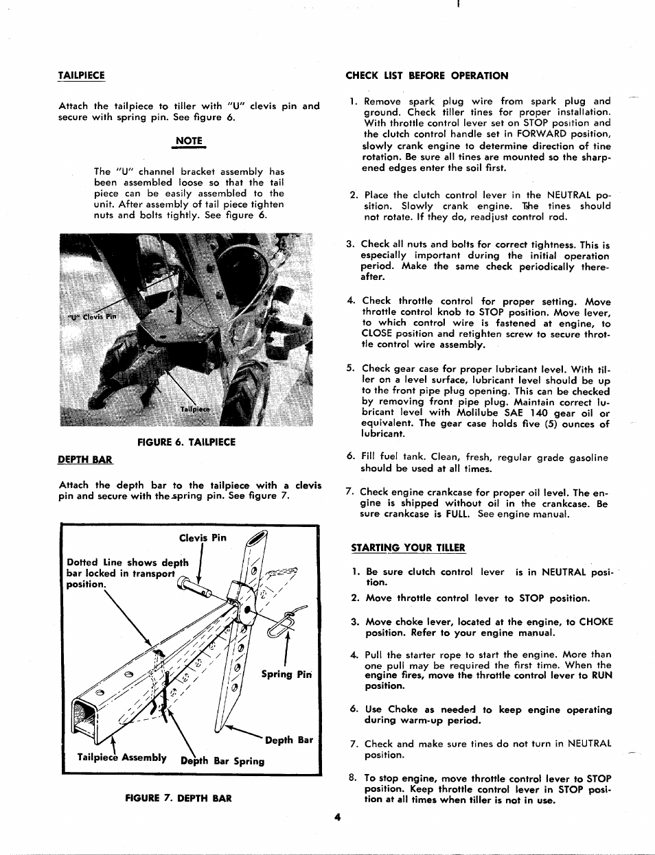 Check list before operation, Note, Depth bar | Starting your tiller | MTD 215-355AB2 User Manual | Page 4 / 14