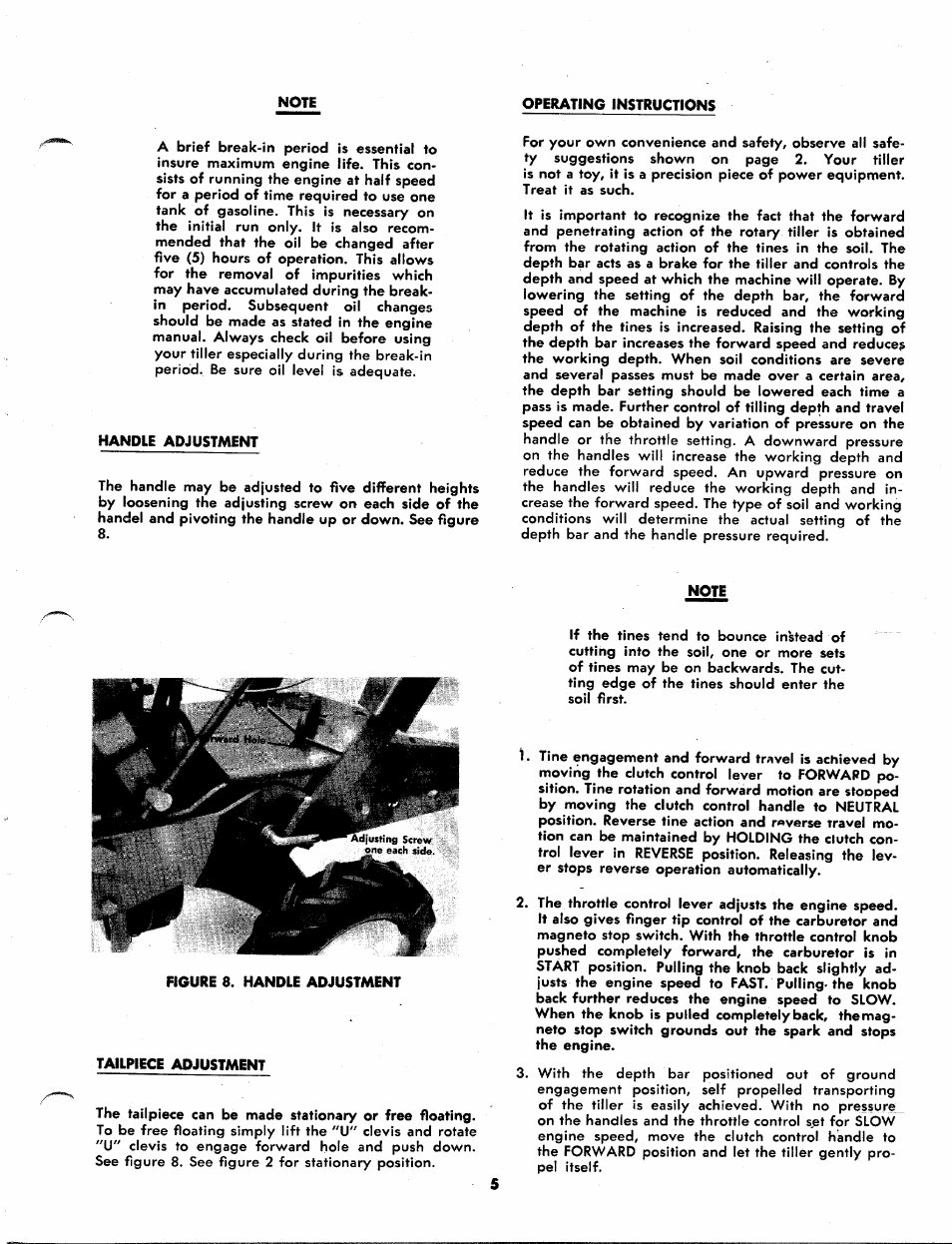 Operating instructions, Handle adjustment, Note | Tailpiece adjustment | MTD 215-355AB2 User Manual | Page 5 / 14