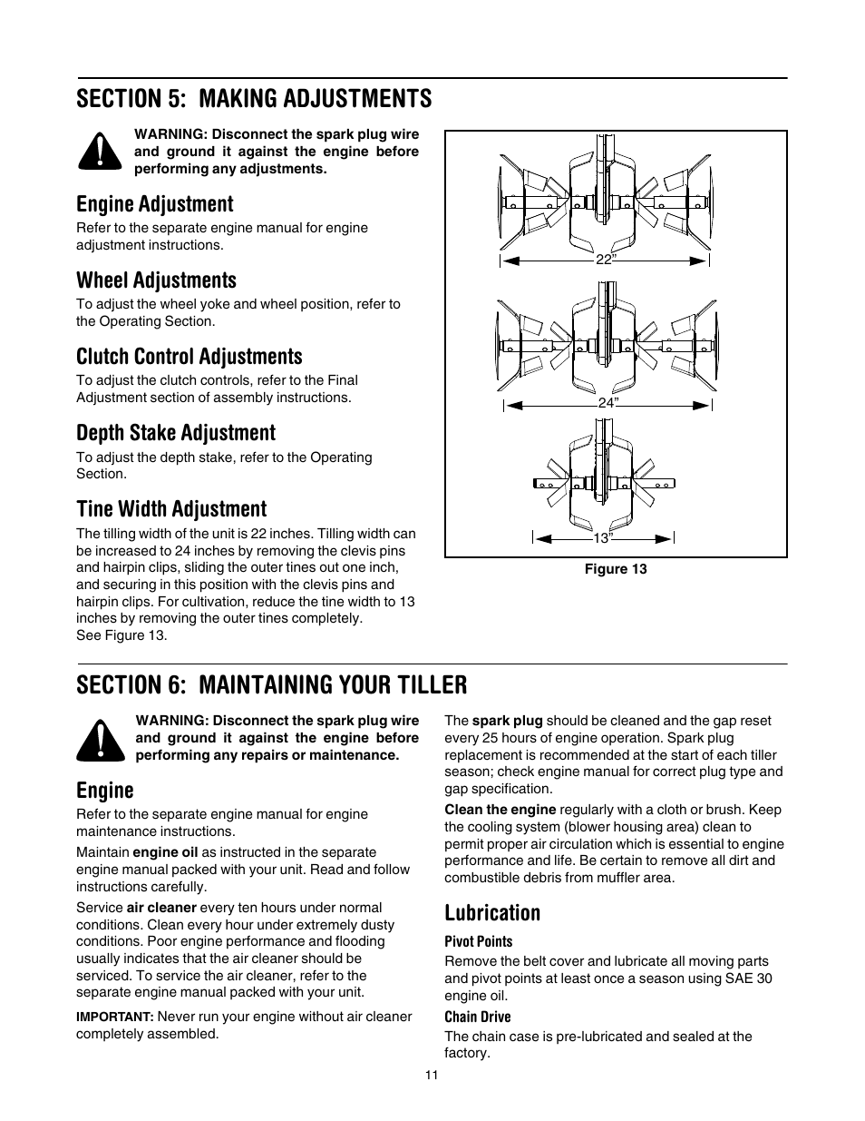 Figure 13, Engine adjustment, Wheel adjustments | Clutch control adjustments, Depth stake adjustment, Tine width adjustment, Engine, Lubrication | MTD 393 User Manual | Page 11 / 20