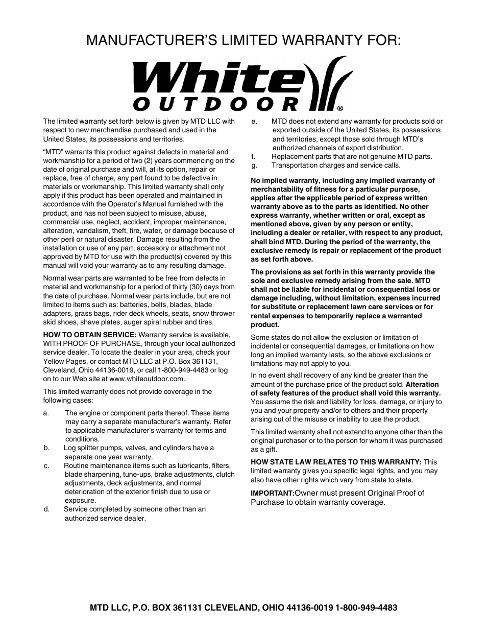 Manufacturer’s limited warranty for | MTD 393 User Manual | Page 20 / 20