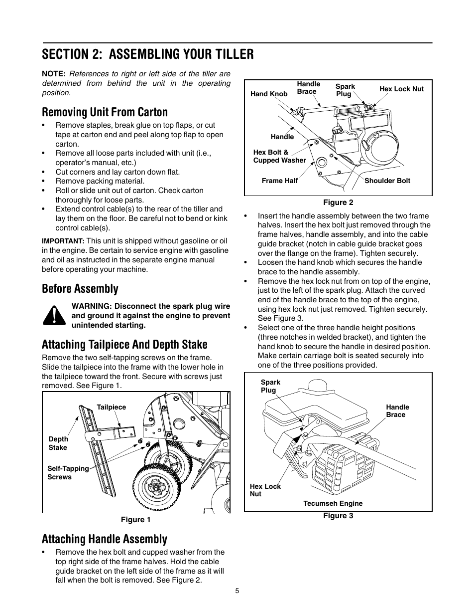 Figure 1, Figure 2, Figure 3 | Removing unit from carton, Before assembly, Attaching tailpiece and depth stake, Attaching handle assembly | MTD 393 User Manual | Page 5 / 20