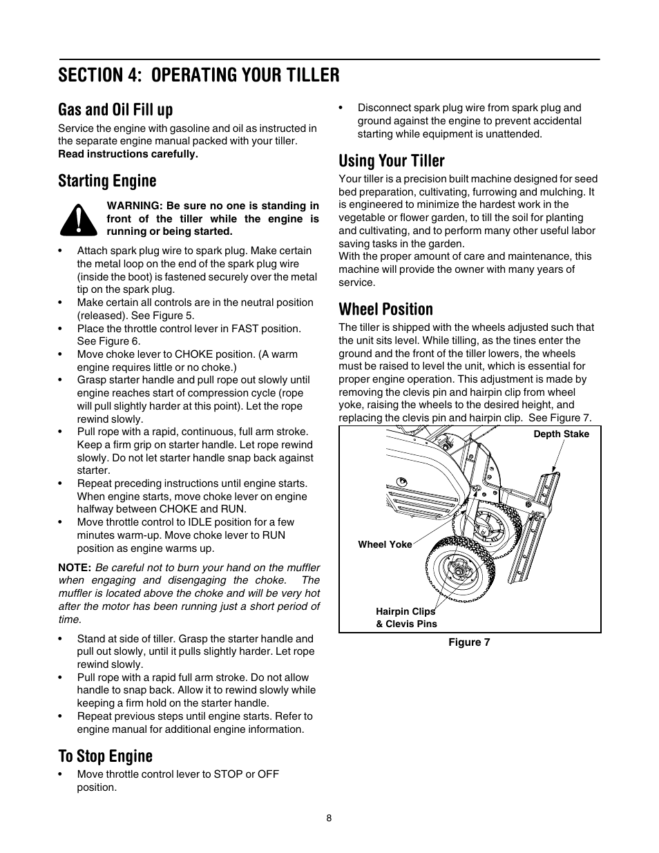 Figure 7, Gas and oil fill up, Starting engine | Using your tiller, Wheel position | MTD 393 User Manual | Page 8 / 20