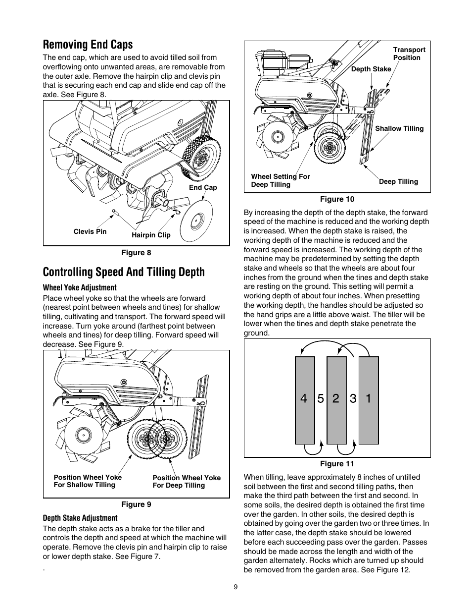 Figure 8, Figure 9, Figure 10 | Figure 11, Removing end caps, Controlling speed and tilling depth | MTD 393 User Manual | Page 9 / 20
