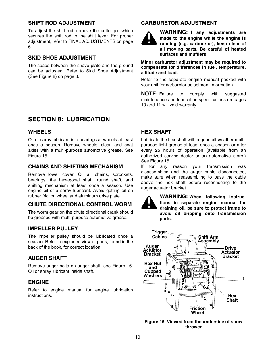 Shift rod adjustment, Skid shoe adjustment, Carburetor adjustment | Warning, Note, Section 8: lubrication, Wheels, Chains and shifting mechanism, Chute directional control worm, Impeller pulley | MTD 770-10278 993 User Manual | Page 10 / 24