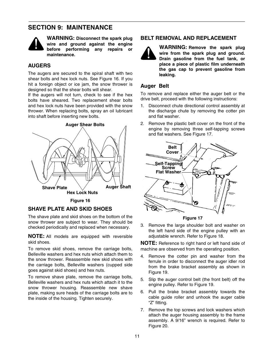 Section 9: maintenance, Warning, Augers | Figure 16, Shave plate and skid shoes, Note, Belt removal and replacement, Auger belt, Figure 17 | MTD 770-10278 993 User Manual | Page 11 / 24