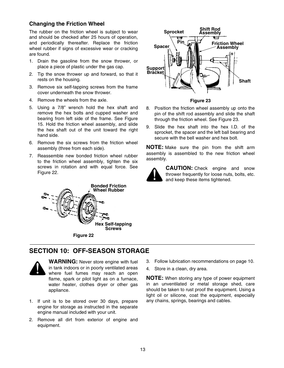 Changing the friction wheel, Remove the wheels from the axle, Figure 22 | Figure 23, Note, Caution, Section 10: off-season storage, Warning, Store in a clean, dry area | MTD 770-10278 993 User Manual | Page 13 / 24