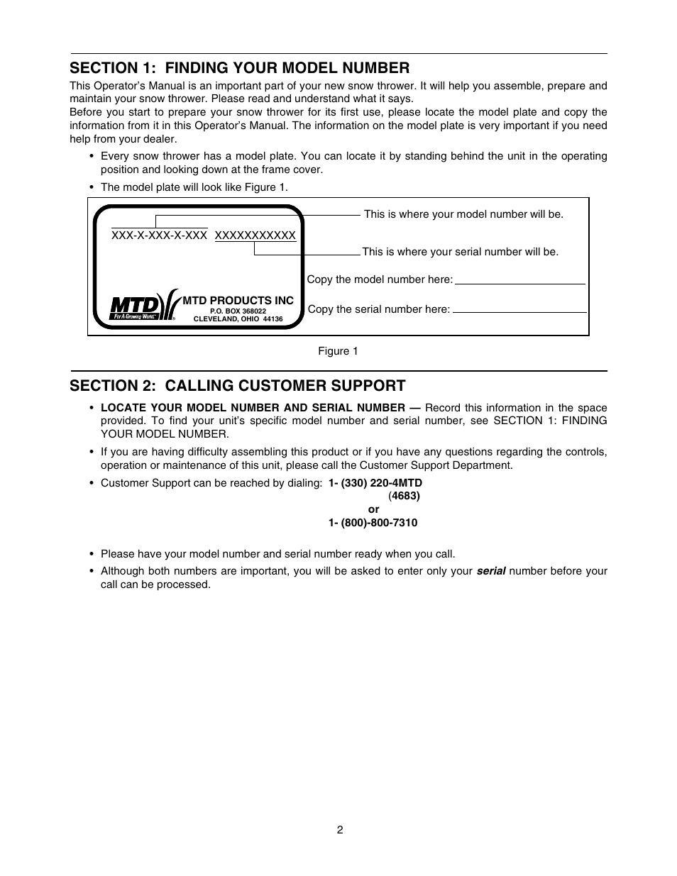 Section 1: finding your model number, Figure 1 | MTD 770-10278 993 User Manual | Page 2 / 24
