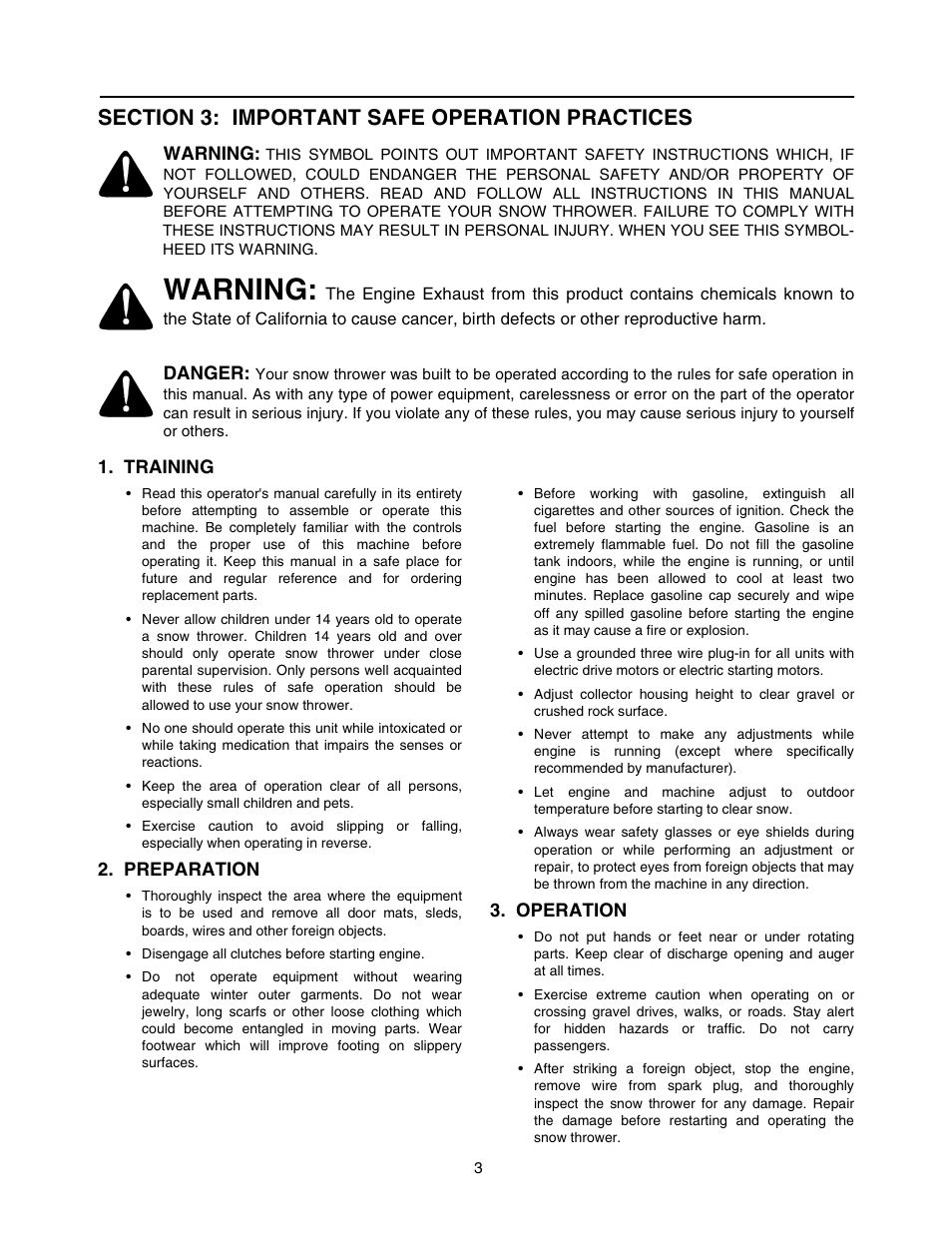 Warning, Danger, Training | Preparation, Operation | MTD 770-10278 993 User Manual | Page 3 / 24