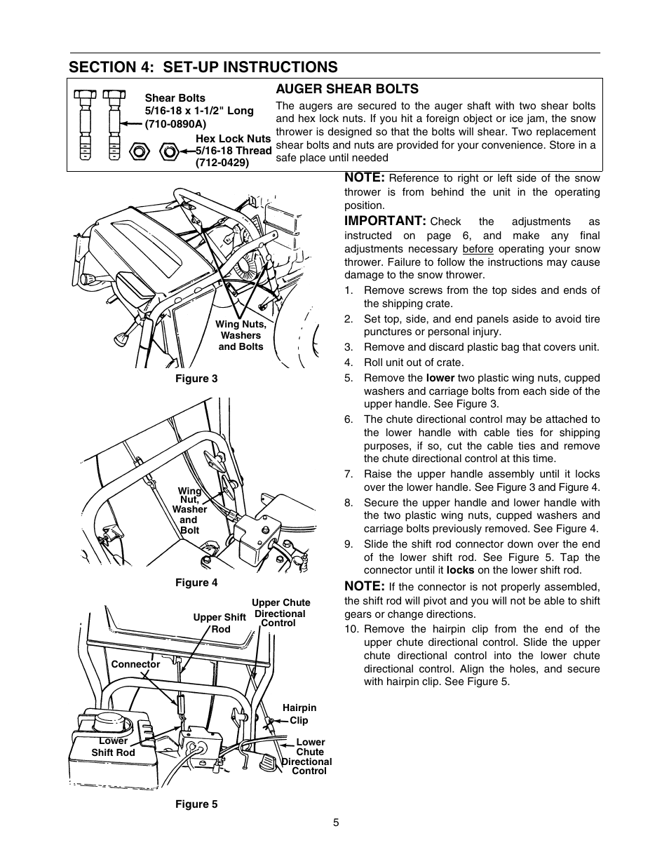 Auger shear bolts, Figure 3, Figure 4 | Figure 5, Note, Important, Remove and discard plastic bag that covers unit, Roll unit out of crate | MTD 770-10278 993 User Manual | Page 5 / 24