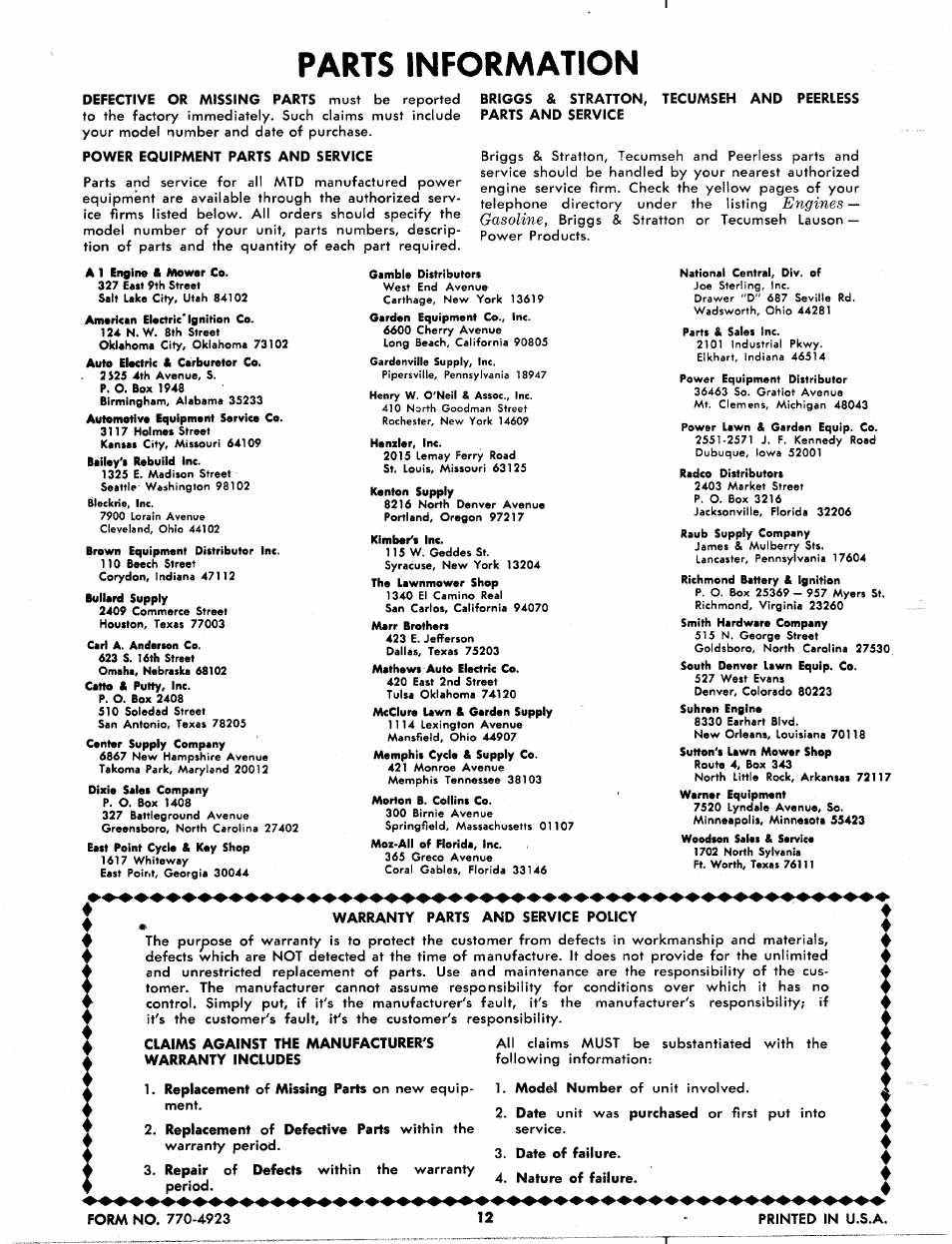 Parts information | MTD 214-200A User Manual | Page 12 / 12