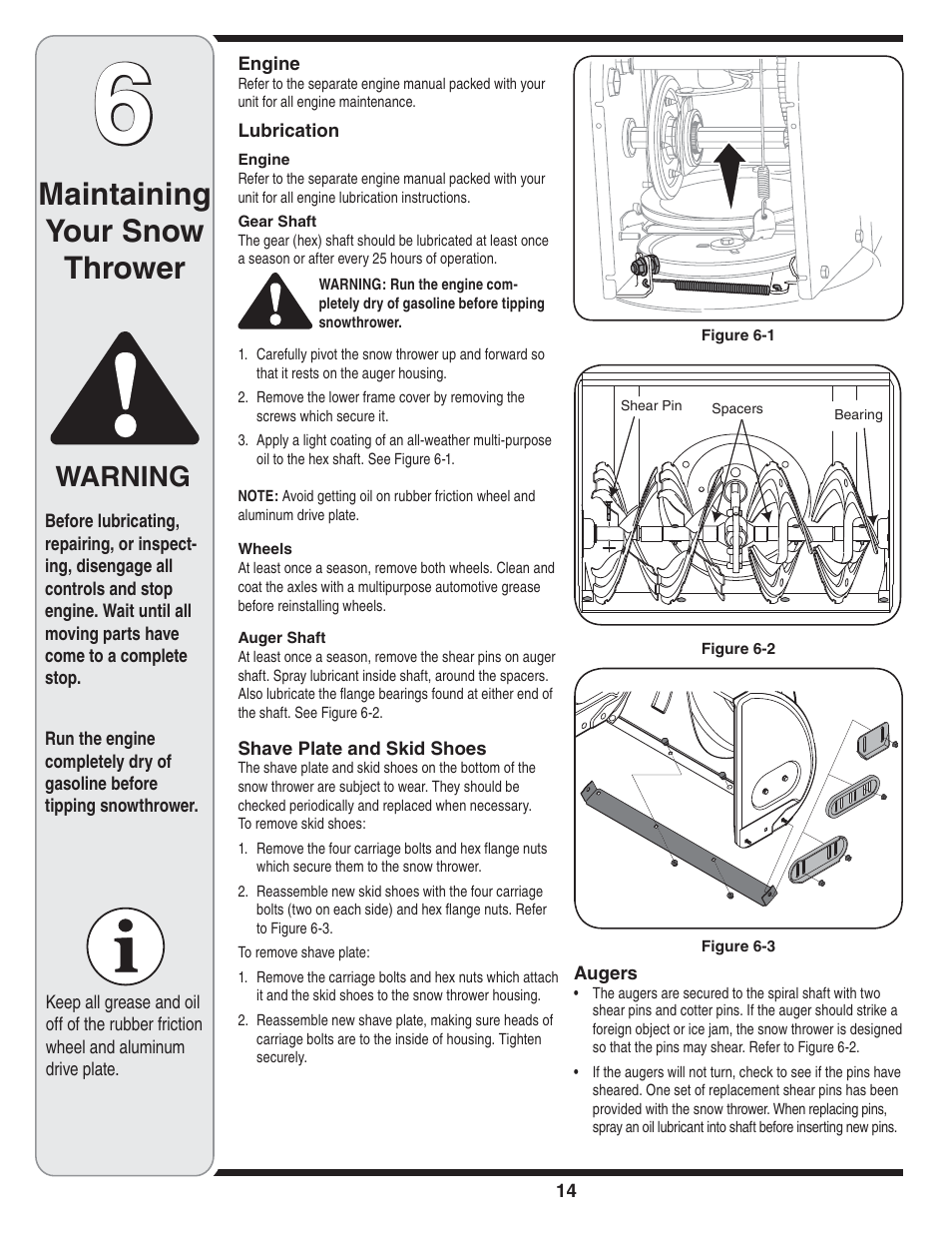 Maintaining your snow thrower, Warning | MTD Style L User Manual | Page 14 / 48