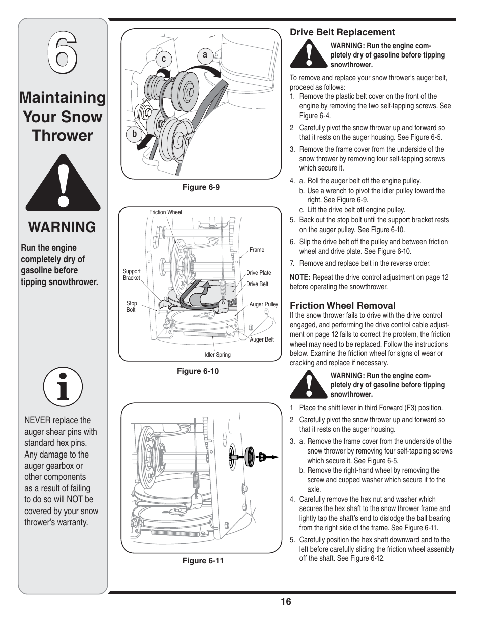 Maintaining your snow thrower, Warning | MTD Style L User Manual | Page 16 / 48