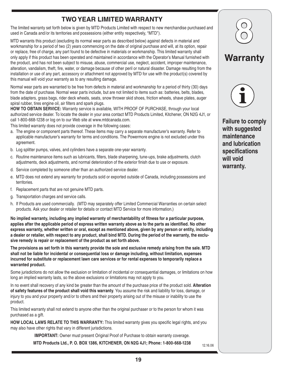 Warranty | MTD Style L User Manual | Page 19 / 48