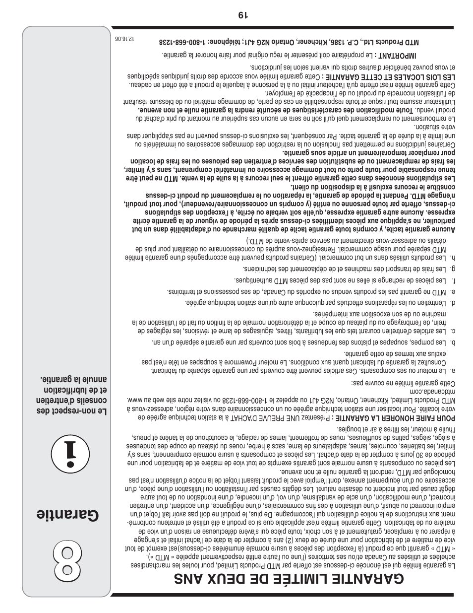Garantie, Garantie limitée de deux ans | MTD Style L User Manual | Page 30 / 48