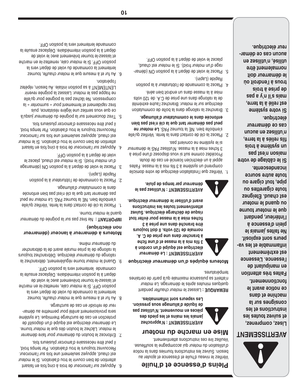 Aver tissement, Pleins d’essence et d’huile, Mise en marche du moteur | MTD Style L User Manual | Page 39 / 48