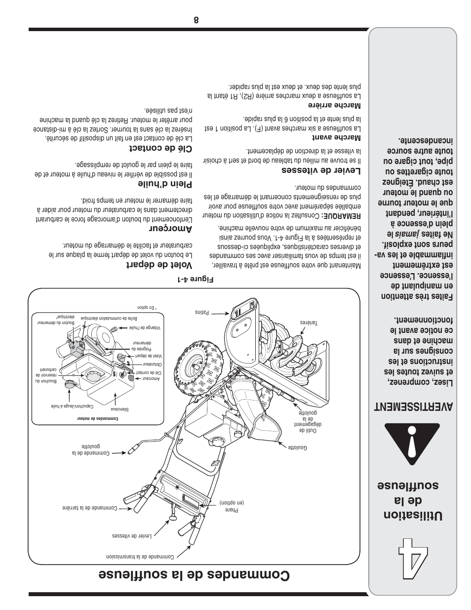Commandes de la souffleuse, Utilisation de la souffleuse, Aver tissement | MTD Style L User Manual | Page 41 / 48