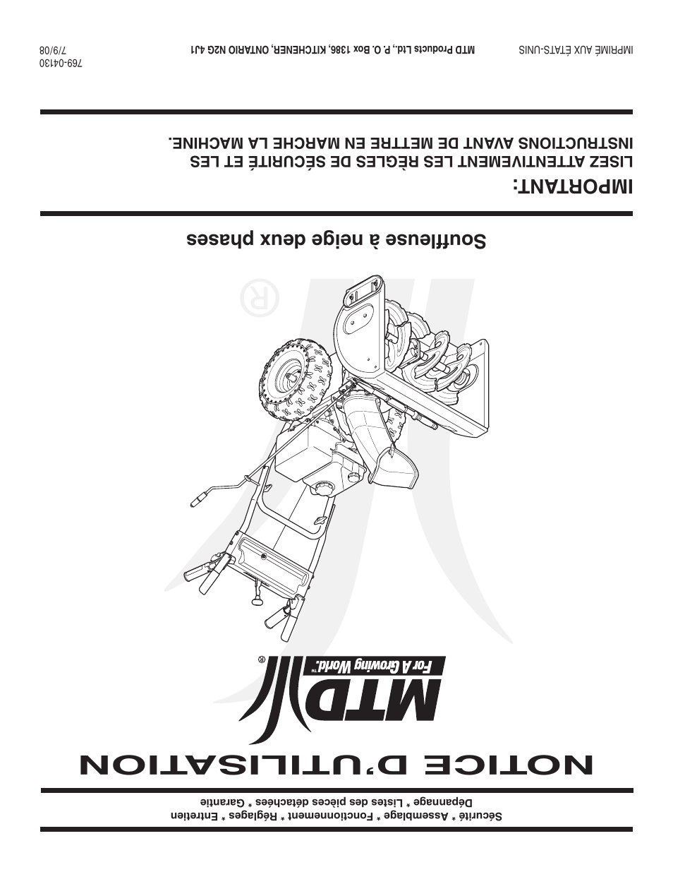 Notice d’utilisa tion, Souffleuse à neige deux phases, Important | MTD Style L User Manual | Page 48 / 48