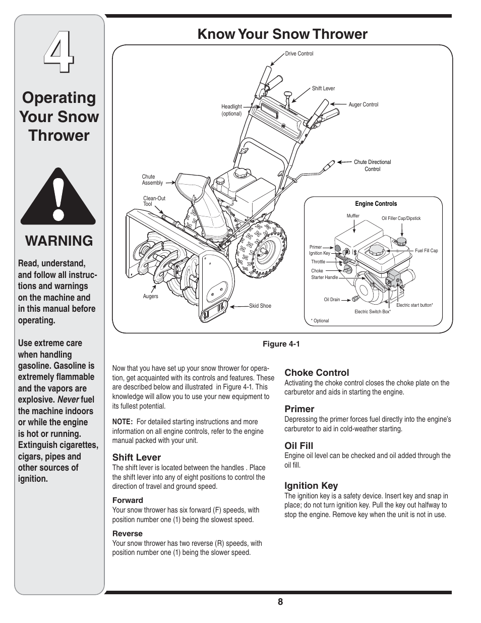 Operating your snow thrower, Know your snow thrower, Warning | MTD Style L User Manual | Page 8 / 48