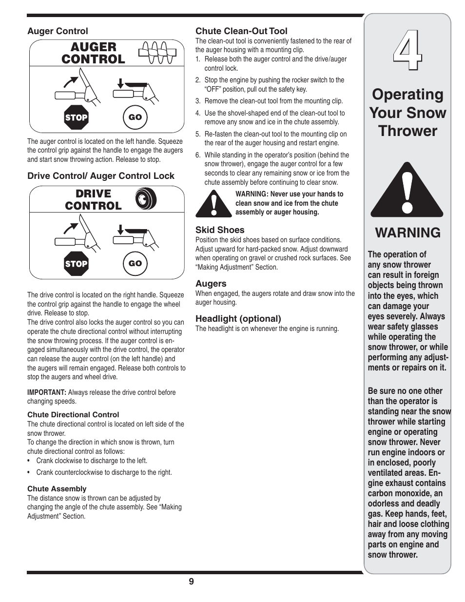 Operating your snow thrower, Warning | MTD Style L User Manual | Page 9 / 48