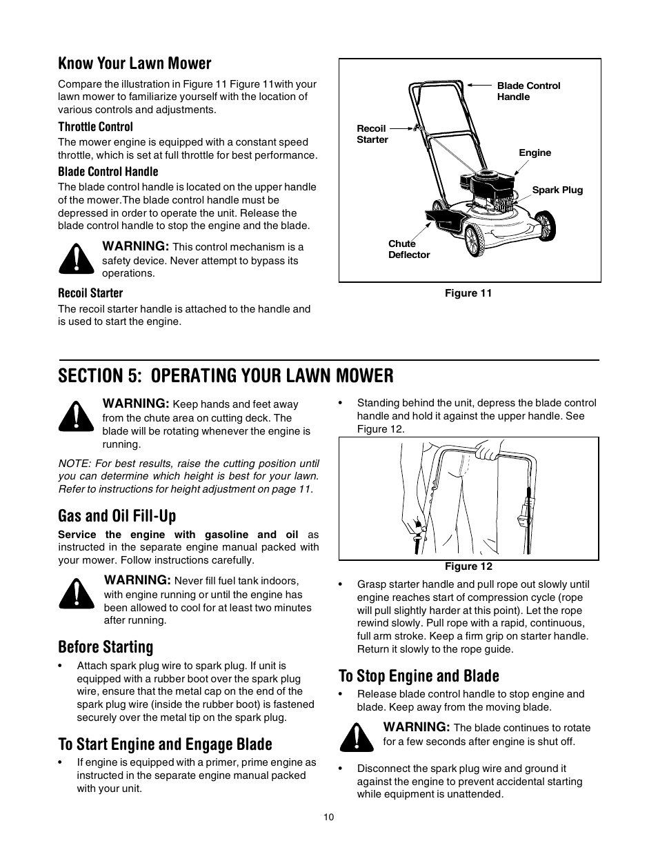 Know your lawn mower, Gas and oil fill-up, Before starting | MTD 020 User Manual | Page 10 / 16