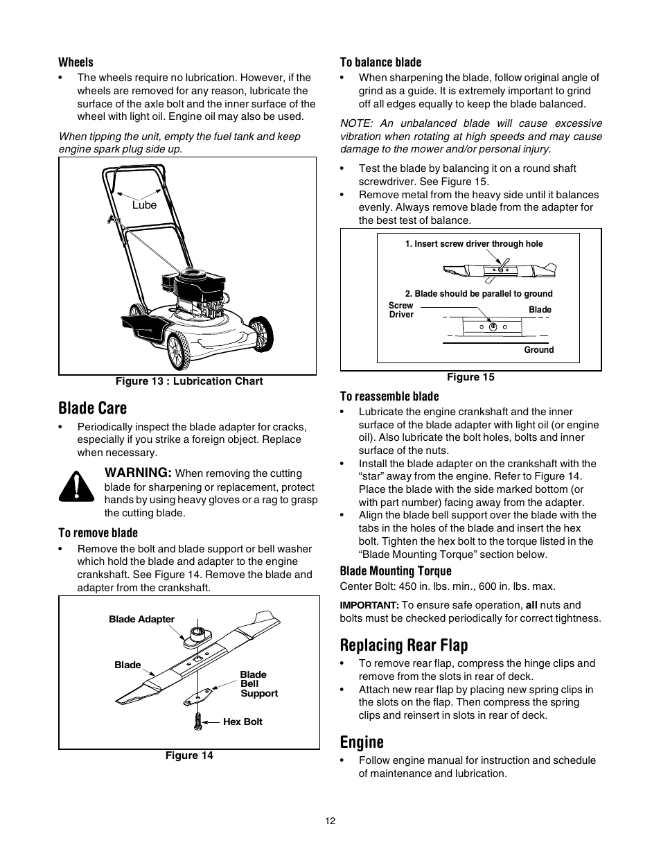 Blade care, Replacing rear flap, Engine | MTD 020 User Manual | Page 12 / 16