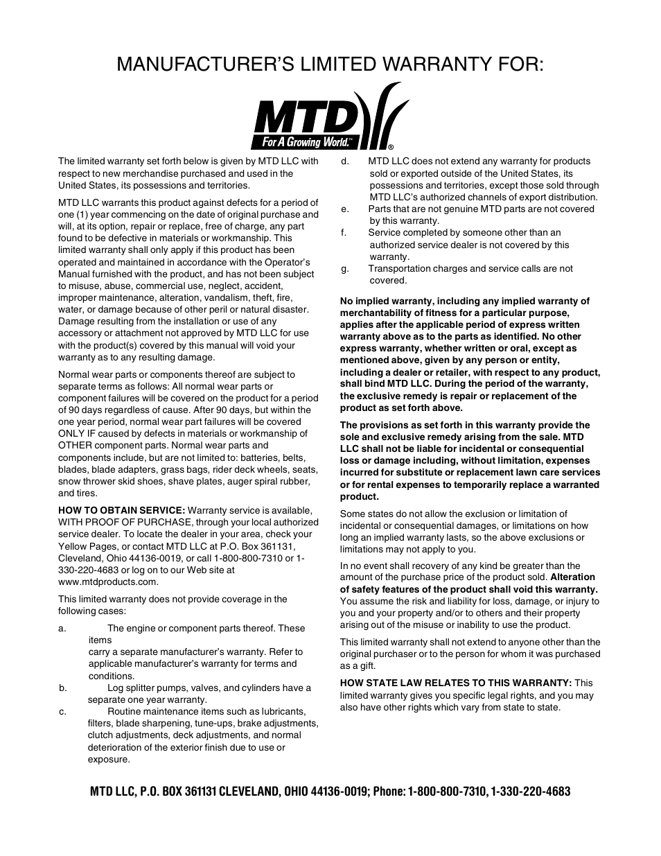 Manufacturer’s limited warranty for | MTD 020 User Manual | Page 16 / 16