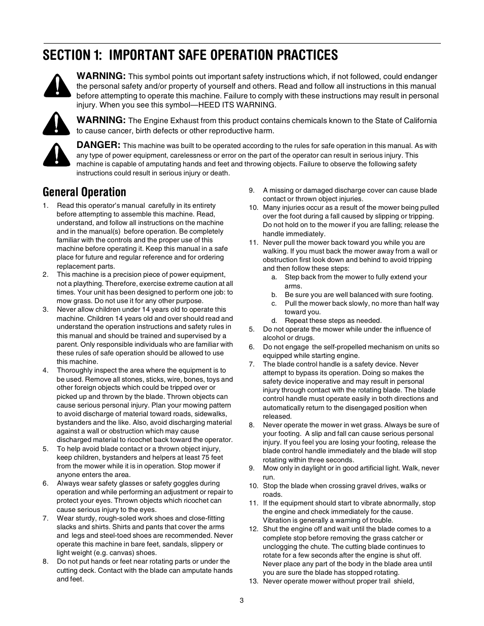 General operation, Warning, Danger | MTD 020 User Manual | Page 3 / 16